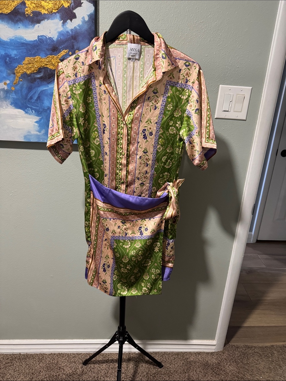 Missoni Patterned Short Sleeve Button Shirt in Green, Pink and Purple